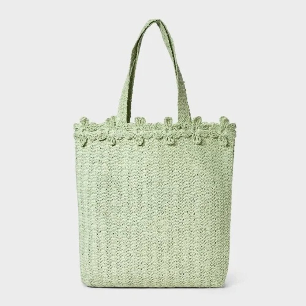 Straw Large Floral Print Tote Handbag - A New Day™  Woven Paper Straw Green